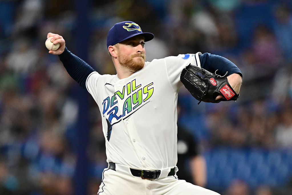 ST PETERSBURG, FLORIDA - APRIL 24: Drew Rasmussen #57 of the Tampa Bay Rays delivers a pitch in the first inning against the Minnesota Twins at Tropicana Field on April 24, 2026 in St Petersburg, Florida.