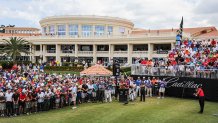 DORAL, FL - MARCH 9: Fans watch as Tiger Woods tees off on the first hole during the final round of the World Golf Championships-Cadillac Championship at Blue Monster, Trump National Doral, on March 9, 2014 in Doral, Florida. (Photo by Stan Badz/PGA TOUR)