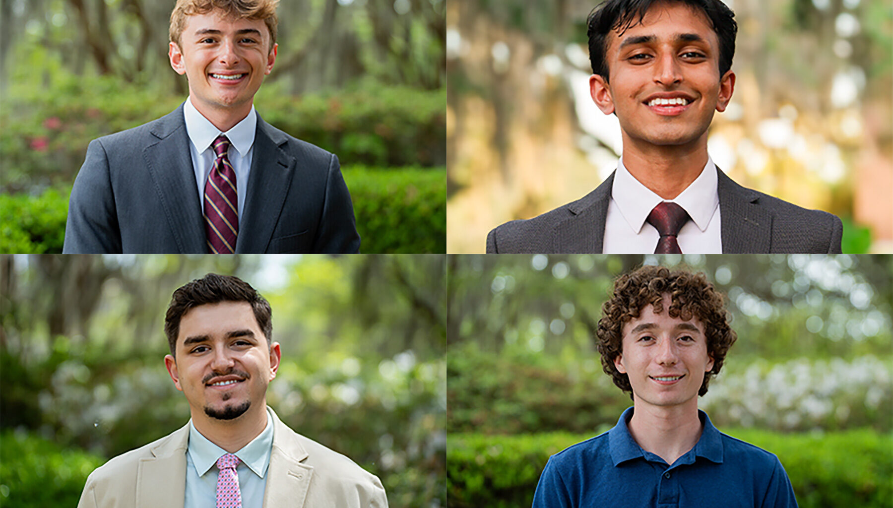 A composite of four individual headshots of young men, arranged in a two-by-two grid. All four are smiling and posed outdoors against a soft-focus background of lush green trees and foliage.