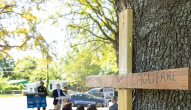 wooden cross memorial inscribed with a name, against a tree in the Northwest Jacksonville park where the press conference is seen behind.