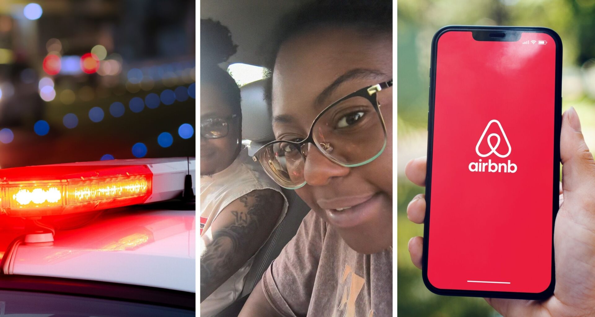 police lights (l) couple shares air bnb experience (c) Air bnb app (r)