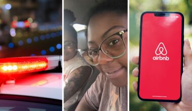 police lights (l) couple shares air bnb experience (c) Air bnb app (r)