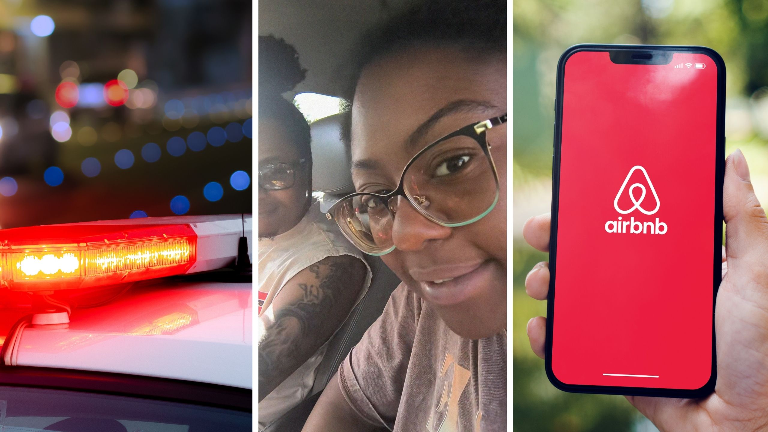police lights (l) couple shares air bnb experience (c) Air bnb app (r)