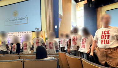 Two photos of students with their faces blurred standing in an auditorium wearing t-shirts that read "ICE OFF FIU."