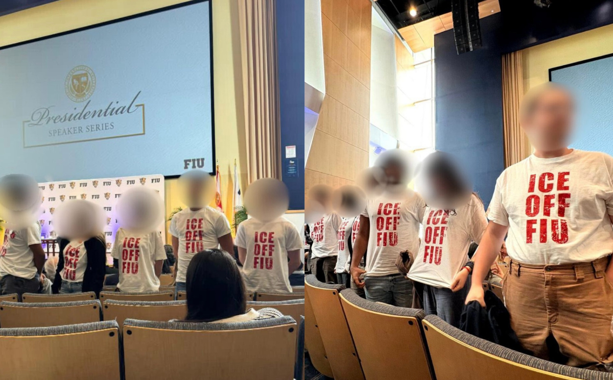 Two photos of students with their faces blurred standing in an auditorium wearing t-shirts that read "ICE OFF FIU."