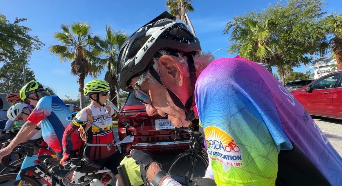 Aloysius Browne is part of the St. Petersburg Bicycle Club. At 96 years old, Browne rides three times a week with the group during his stays in Florida. (Spectrum News/Roy De Jesus)
