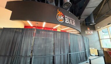 The Burger King signage is still on the elevator, which takes guests up to the food court area. Other restaurants still in the spot are Moe