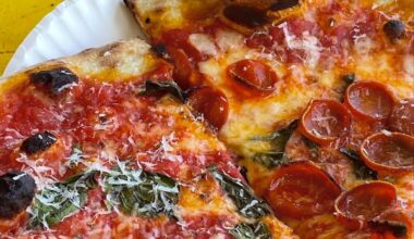 two slices of cheese pizza with pepperoni slices and shaved parm