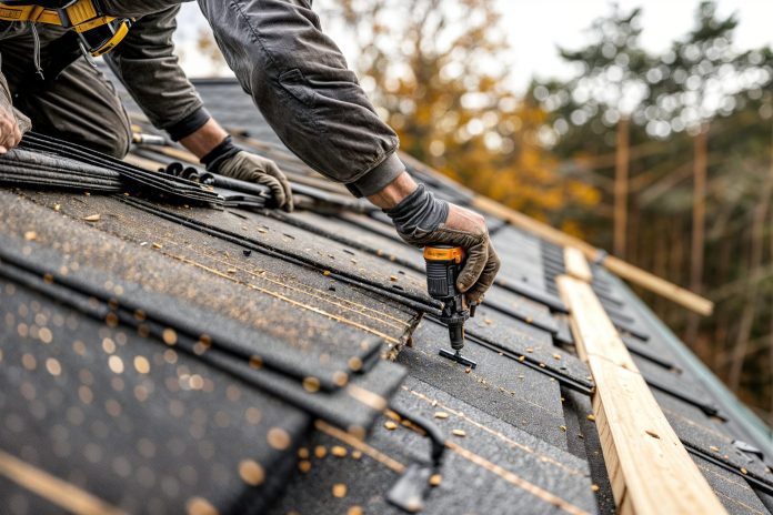 Roofer working on the roof of a house with a power drill