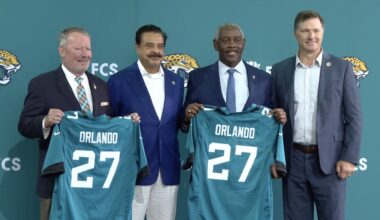 From left to right, Orlando Mayor Buddy Dyer, Jacksonville Jaguars owner Shad Khan, Orange County Mayor Jerry Demings and Florida Citrus Sports CEO Steve Hogan at the official announcement of the Jaguars playing in Orlando. (Spectrum News)