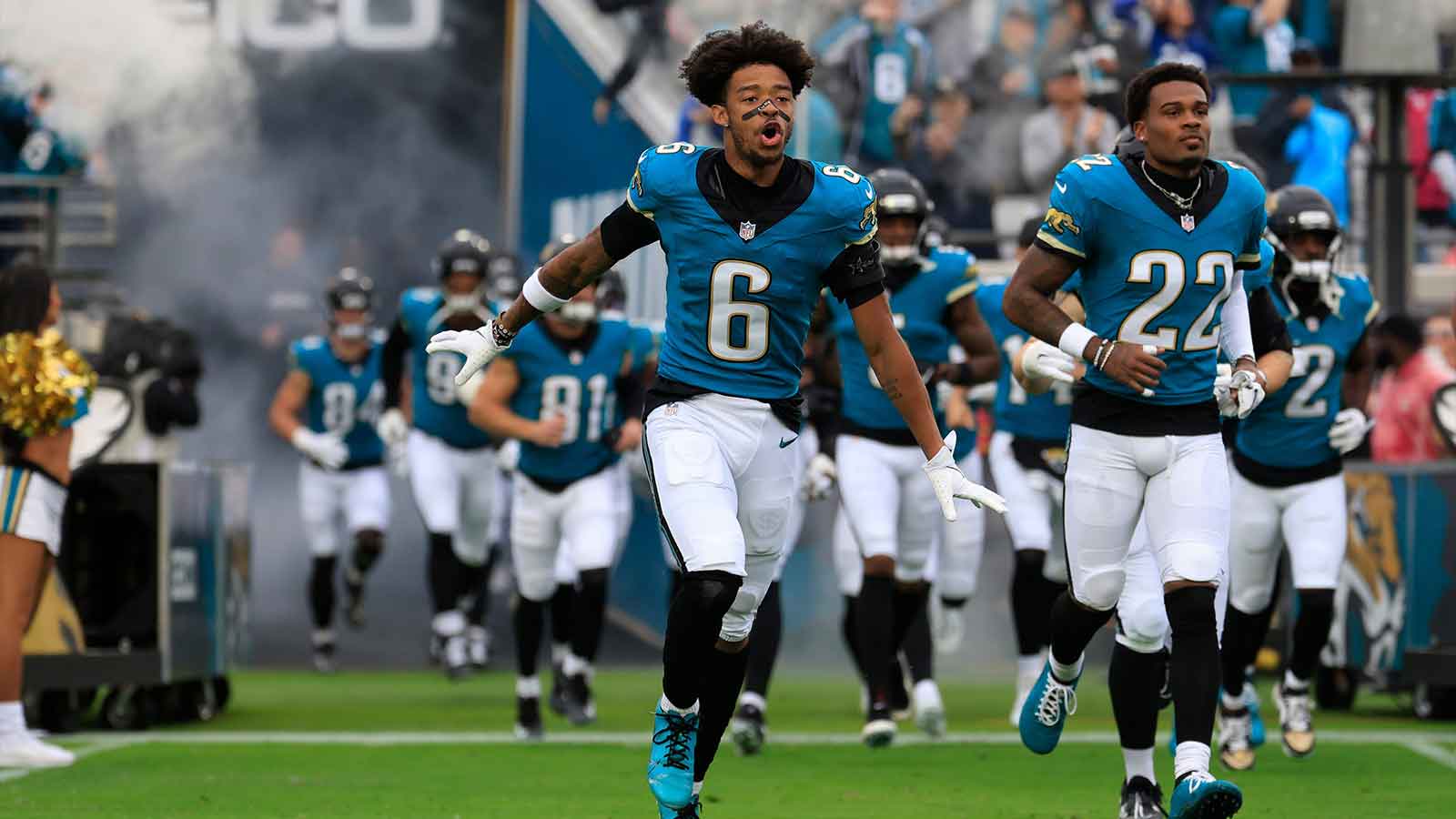 Jacksonville Jaguars cornerback Greg Newsome II (6) runs on the field before an NFL football game