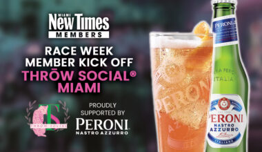 graphic showing a cocktail next to a bottle of Peroni with text on the left reading, "New Times Members. Race Week Member Kick Off. Throw Social Miami. Proudly supported by Peroni Nastro Azzurro"