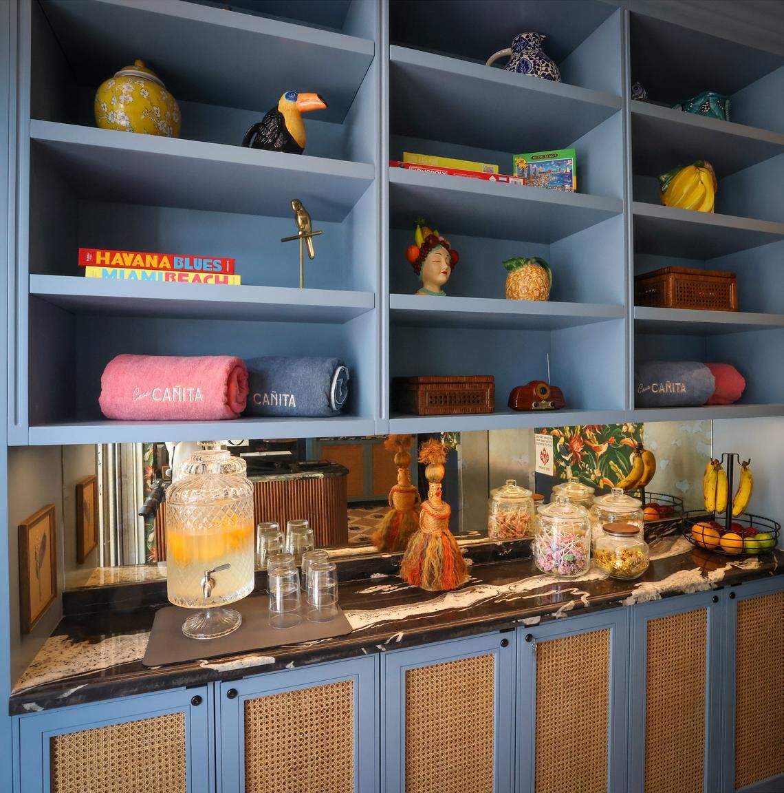 The lobby shelves is full of goodies for guest of Casa Cañita, a new boutique hotel on historic Ocean Drive in Miami Beach, that is set to open under the direction of designer Nicolette Bernstein, her sister, chef Michelle Bernstein, and partners. The hotel was toured ahead of its grand opening, on Tuesday, April 21, 2026.