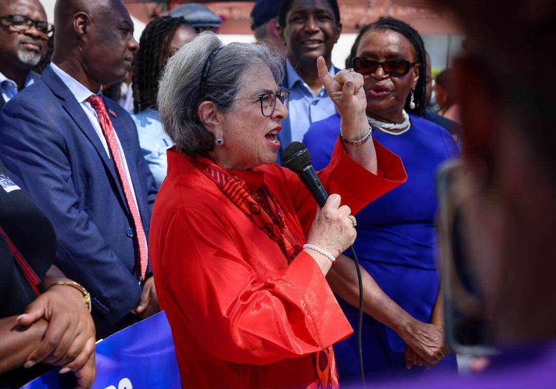 Miami-Dade Mayor Daniella Levine Cava, center, encourages attendees to be active in their support for TPS as Family Action Network Movement (FANM), alongside South Florida partners, led a rally on Sunday, April 26, 2026, calling on federal decision-makers to extend Temporary Protected Status (TPS) for Haitian nationals at the MoCA Plaza in North Miami, Florida. The mobilization comes at a critical moment as the Supreme Court of the United States prepares to hear oral arguments on the administration's attempt to terminate TPS for Haiti. The decision could place more than 350,000 Haitian nationals at risk of losing protection from deportation and work authorization, threatening the stability of their families. The April 26 event in North Miami is part of a broader series of pre-oral argument mobilizations, including actions in Atlanta on April 18 and in Washington, D.C., in front of the Supreme Court on April 29, coinciding with oral arguments.