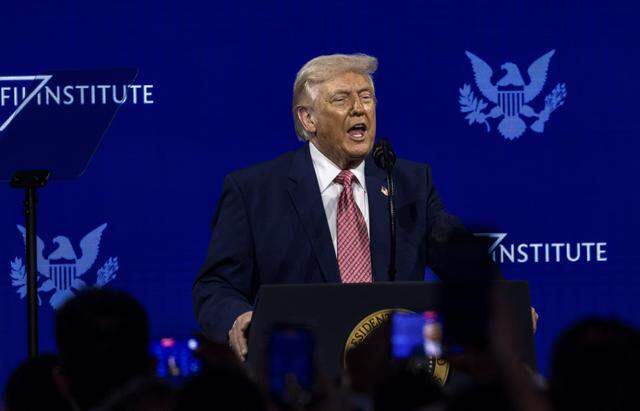 President Donald Trump speaks during the Future Investment Initiative Priority Summit at the Faena Forum in Miami Beach, on Friday, March 27, 2026.