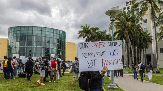 A group of people from different campus organizations and several street organizations protested against the university's president Jeanette M. Nuñez, and the association of the campus' police with ICE, in front of the Graham Center at Florida International University, in Miami, on Tuesday, April 07, 2026.