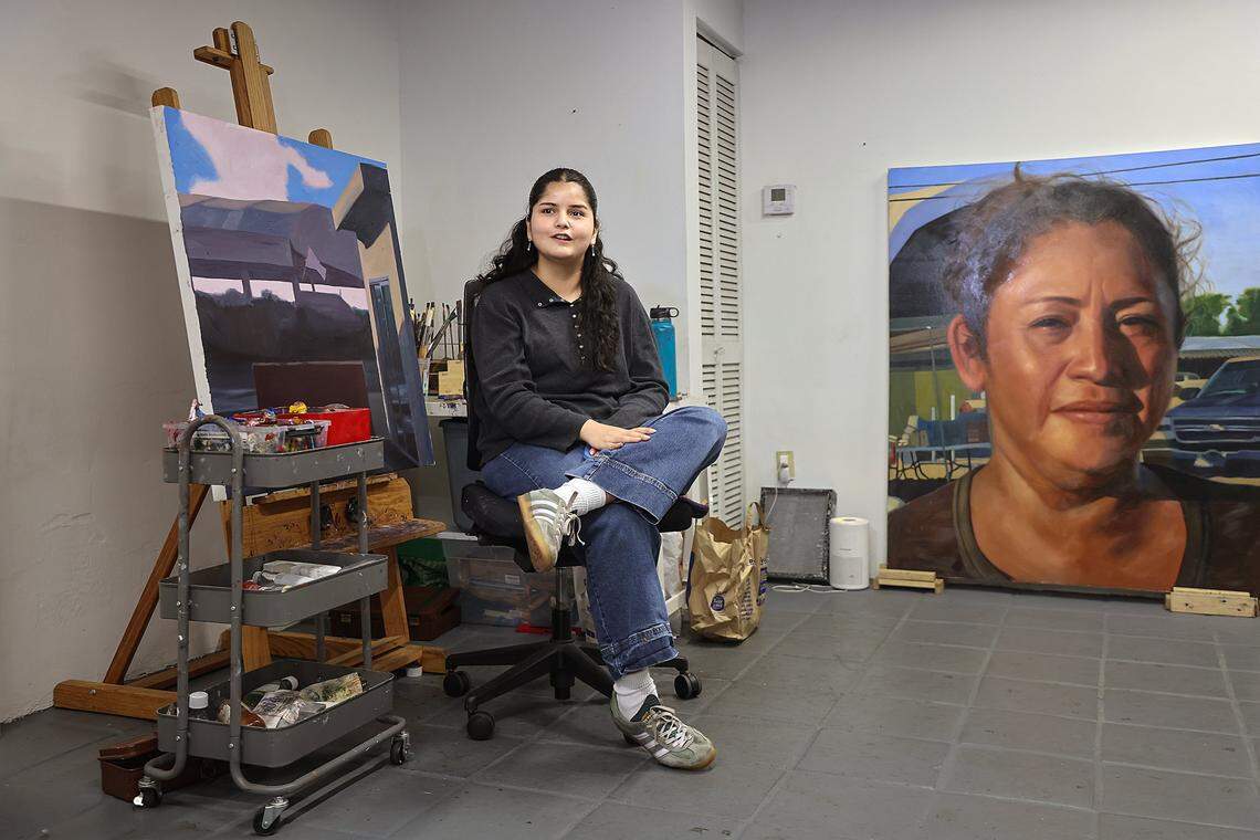 Resident artist Marie Franco describes her art practice while waiting for ICA cohorts during a tour of the Tunnel Projects, a multifaceted art space dedicated to supporting local artists on Saturday, April 11, 2026, in Little Havana, Miami, Florida.