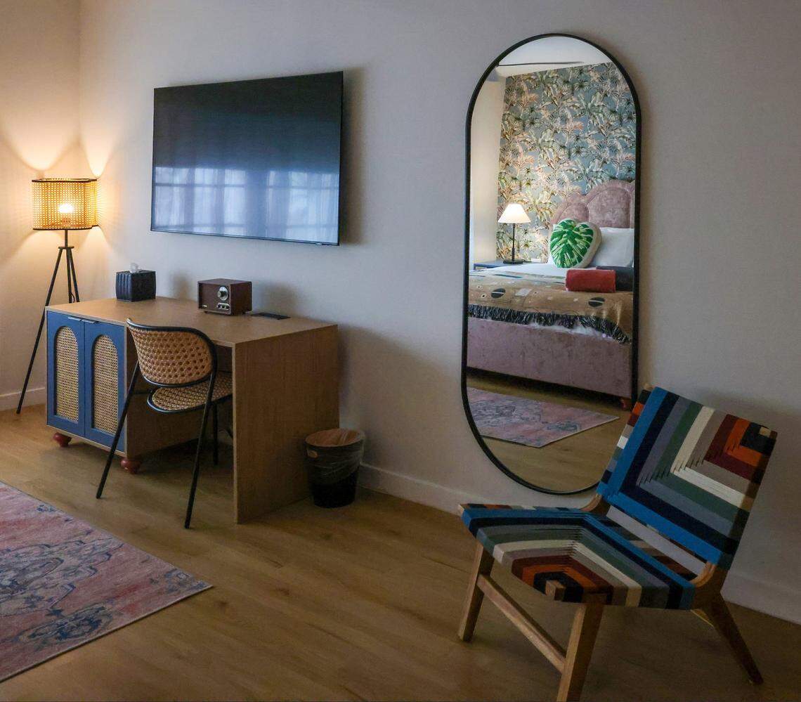 Pictured is the Oceanfront King Room with balcony at Casa Cañita, a new boutique hotel on historic Ocean Drive in Miami Beach, is set to open under the direction of designer Nicolette Bernstein, her sister, chef Michelle Bernstein, and partners. The hotel was toured ahead of its grand opening, Tuesday, April 21, 2026.