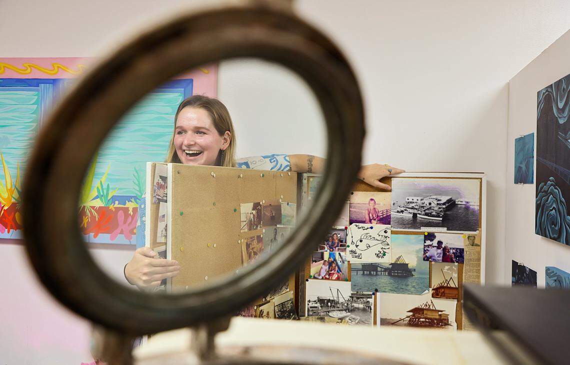 Resident artist Shelby Slayden explains her art practice as ICA cohorts visited her Tunnel Projects studio, a multifaceted art space dedicated to supporting local artists on Saturday, April 11, 2026, in Little Havana, Miami, Florida.
