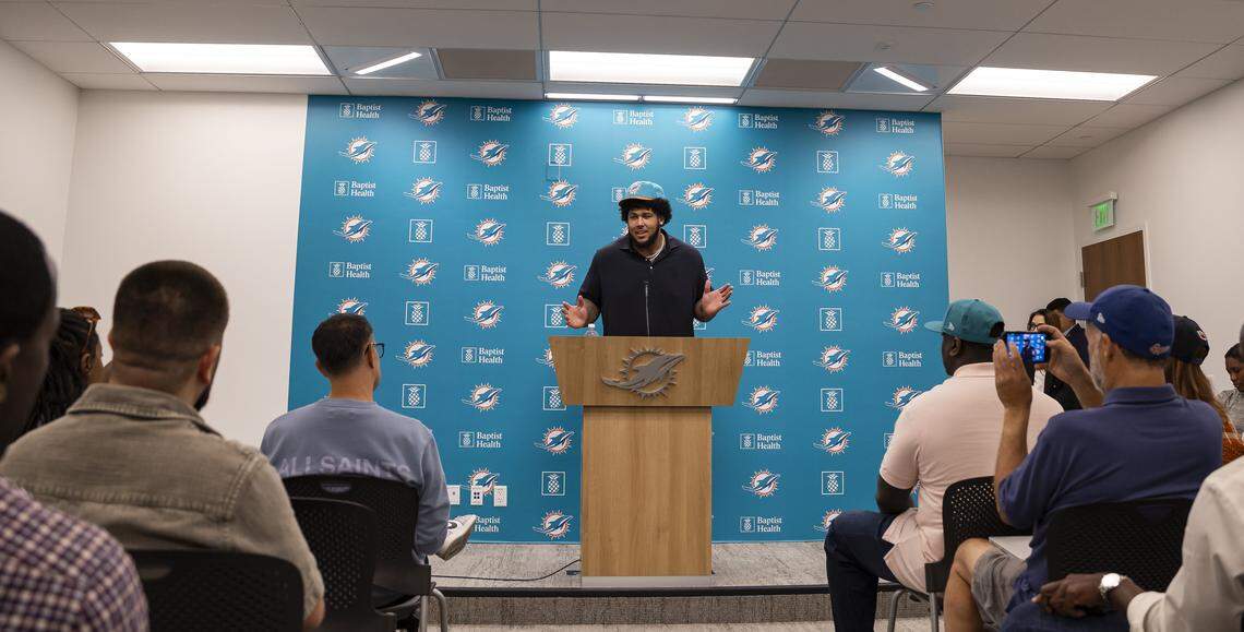 Kadyn Proctor, who played offensive tackle with the Alabama Crimson Tide, speaks during a press conference at the Baptist Health Training Complex on Friday, April 24, 2026, in Miami Gardens, Fla. The Dolphins selected Proctor as the 12th overall pick in the first round of the NFL Draft.