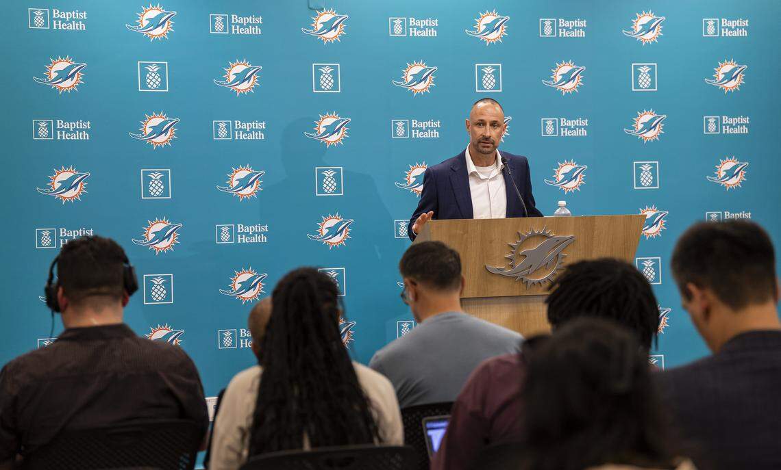 Miami Dolphins general manager Jon-Eric Sullivan speaks during a press conference at the Baptist Health Training Complex on Thursday, April 23, 2026, in Miami Gardens, Fla. The Dolphins selected offensive tackle Kadyn Proctor, who played with the Alabama Crimson Tide, as the 12th overall pick in the first round of the NFL draft.