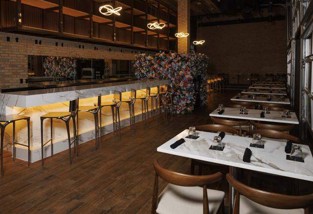 One of the bars and seating spaces inside the new restaurant, Kitchen + Kocktails by Kevin Kelley, during the week before opening on Monday, Jan. 12, 2026, inside Kitchen + Kocktails in Wynwood.
