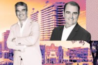 Carlos Rosso and Alex Vadia with renderings of Midtown Park and the Coconut Grove Playhouse