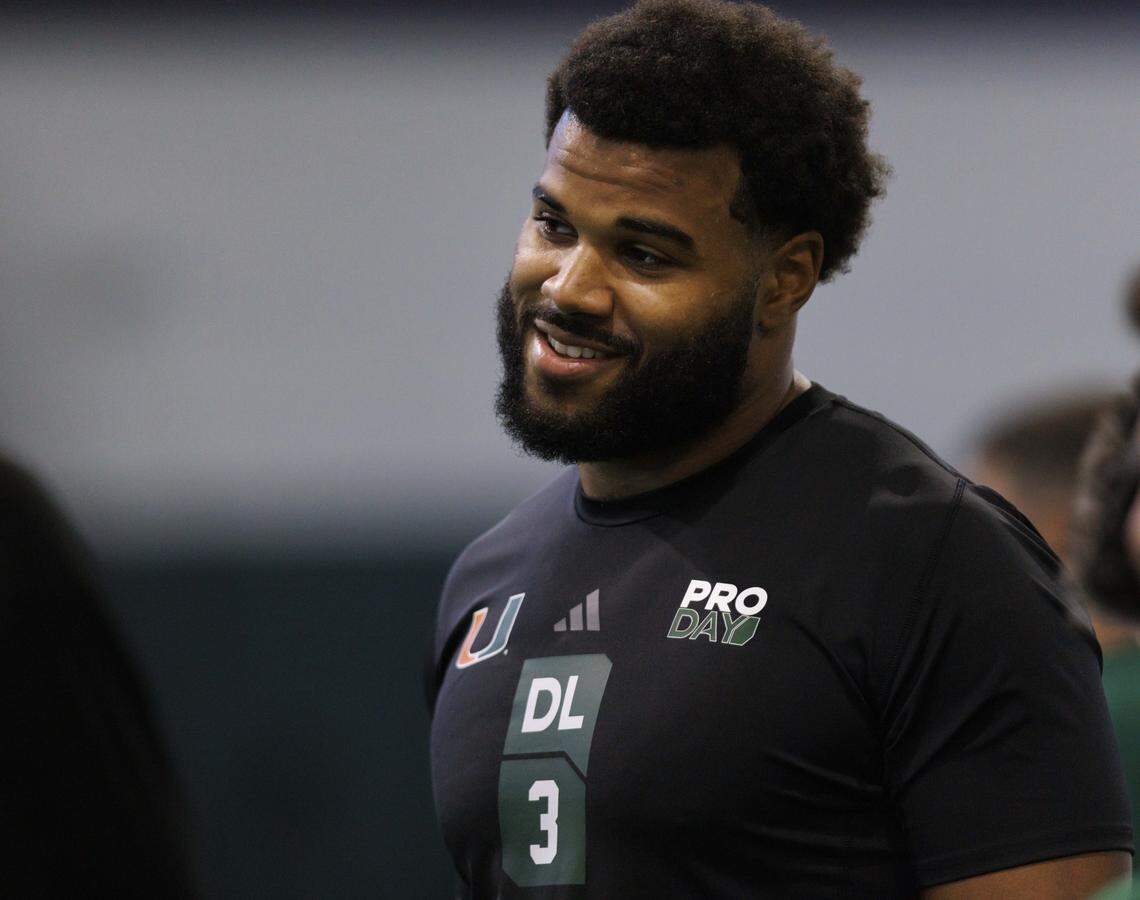Akheem Mesidor (3), defensive lineman, talks during University of Miami Pro Day workout on Monday, March 23, 2026, at Carol Soffer Indoor Practice Facility in Coral Gables, Fla.