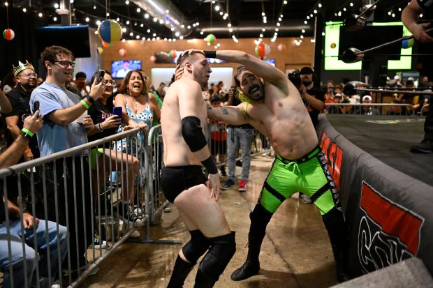 Stallion Rogers, left, and Domino compete during Bash at the Brew 62 at The Tank Brewing Company on Friday, March 6, 2026, in Miami, Florida. (Michele Eve Sandberg/Contributor)