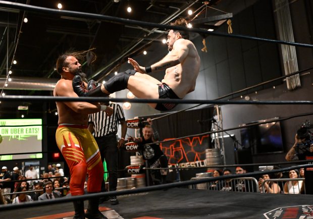Jackal Stevens, left, and Ariel Levy face off during Bash at the Brew 62 at The Tank Brewing Company on Friday, March 6, 2026, in Miami, Florida. (Michele Eve Sandberg/Contributor)