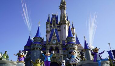 Mickey Mouse and friends perform in front of a Cinderella Castle with fireworks in the background at Magic Kingdom as par of Mickey