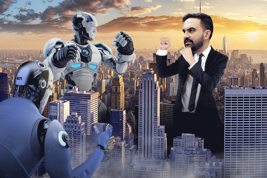 Collage of a man in a suit ready to fight two robots with a city skyline in the background.