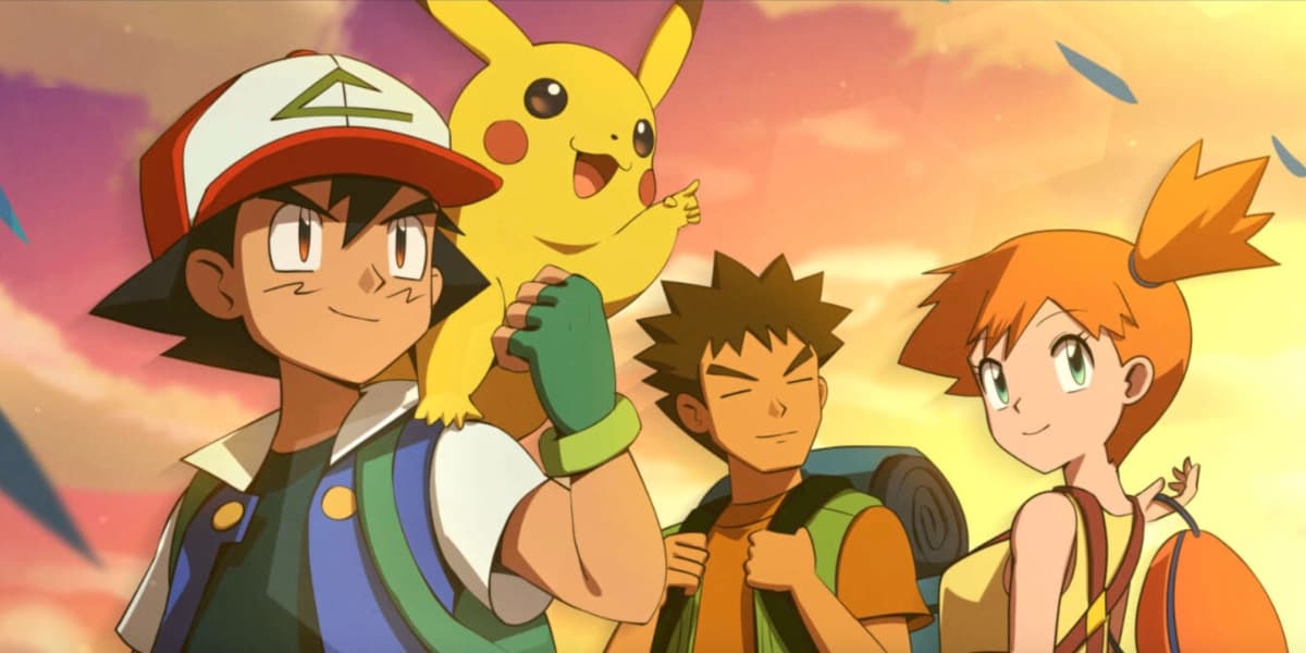 Ash, Pikachu, Brock, and Misty looking backwards during a sunset