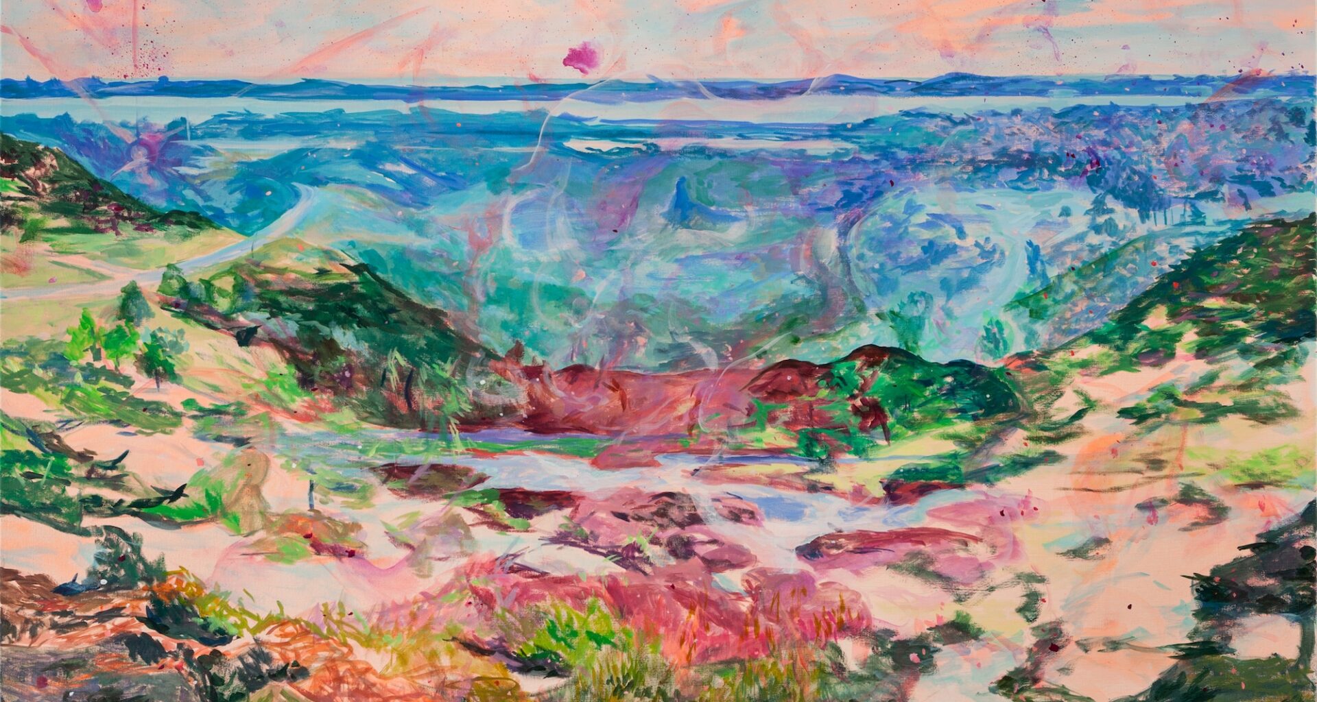 image of an impressionistic, watercolor-style painting showing what appears to be a beachy landscape