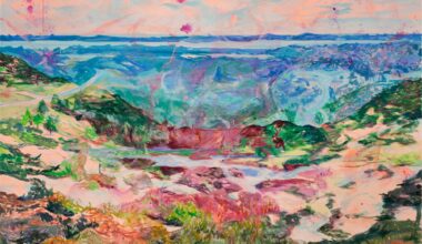 image of an impressionistic, watercolor-style painting showing what appears to be a beachy landscape