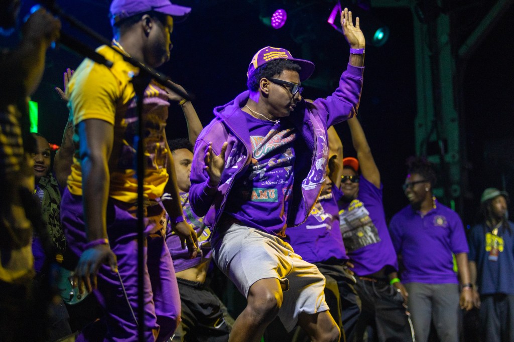 FAMU Upsilon Psi chapter president Cole Bigelow steps during Atomic Dog.