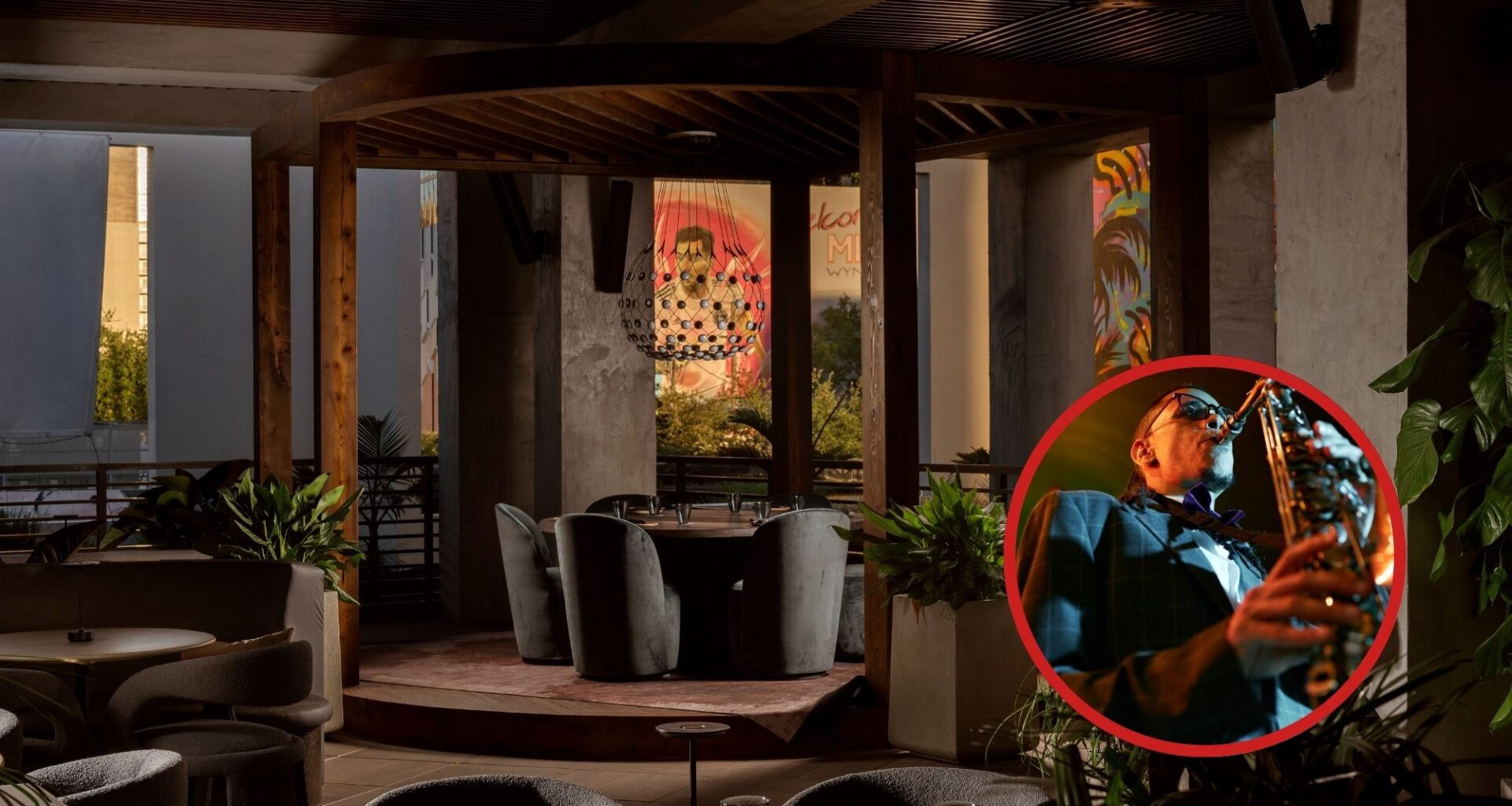 Collage of a Miami rooftop bar and a jazz musician