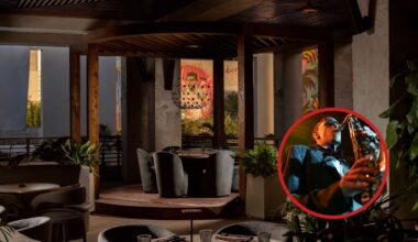 Collage of a Miami rooftop bar and a jazz musician