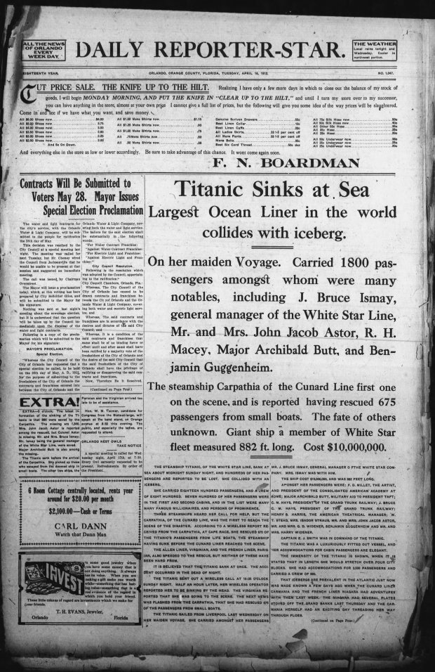 Orlando Reporter-Star front page from April 15, 1912.
