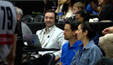 Osceola Magic play-by-play announcer Nick Gryniewicz (middle) calling a game in February against the Cleveland Charge. (Spectrum Sports 360/Brandon Green)