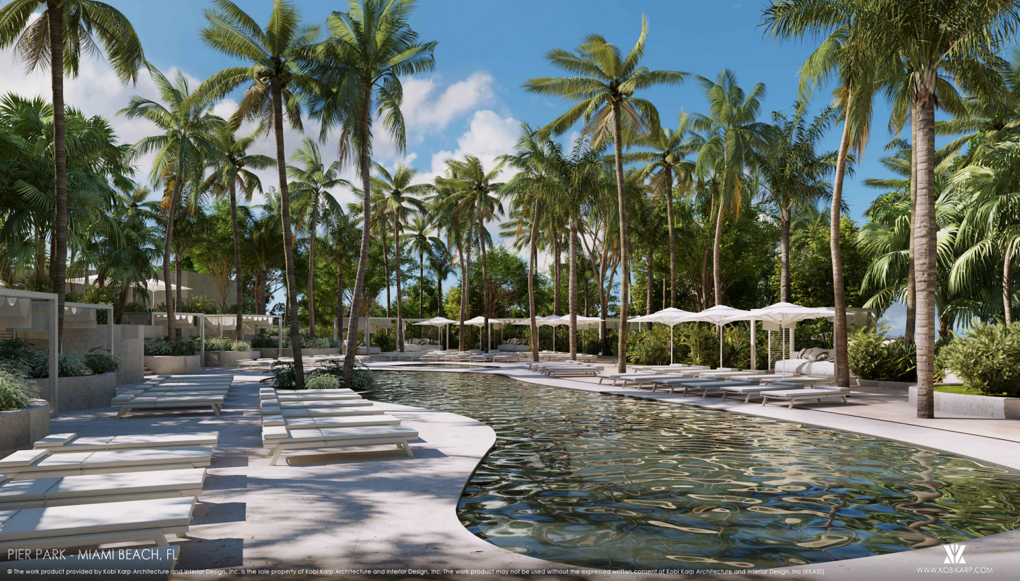 A rendering of the proposed "Pier Park" development, featuring beach chairs and umbrellas by a pool, included in documents provided to the Miami Beach Planning Board on Feb. 3, 2026.