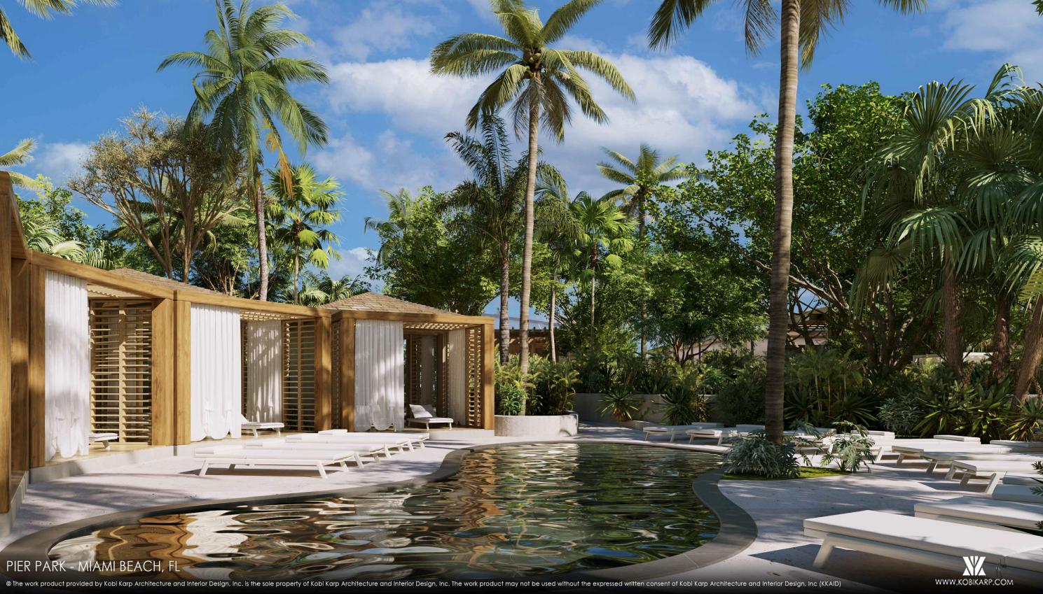 A rendering of the proposed "Pier Park" development, featuring beach chairs and cabanas by a pool, included in documents provided to the Miami Beach Planning Board on Feb. 3, 2026.