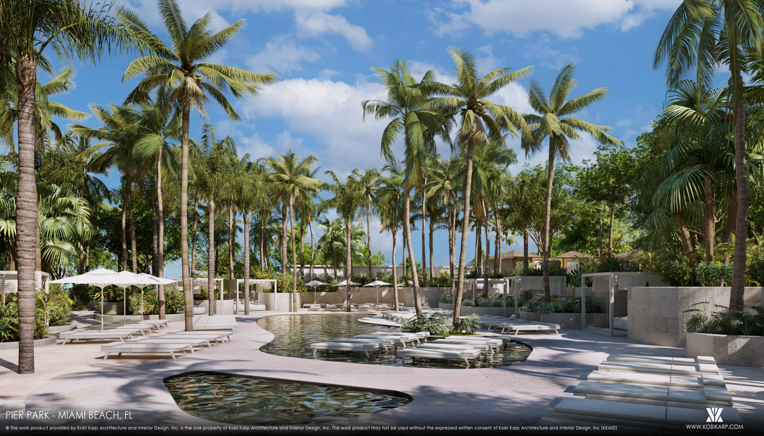 A rendering of the proposed "Pier Park" development, featuring beach chairs and umbrellas, included in documents provided to the Miami Beach Planning Board on Feb. 3, 2026.