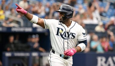 Tampa Bay Rays' Yandy Díaz celebrates as he rounds the bases after his two-run home run during the third inning of a baseball game against the Minnesota Twins Sunday, April 26, 2026, in St. Petersburg, Fla. (AP Photo/Jason Behnken)