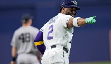 Tampa Bay Rays' Yandy Díaz points into the dugout after his two-run home run off New York Yankees pitcher Luis Gil during the first inning of a baseball game Friday, April 10, 2026, in St. Petersburg, Fla. (AP Photo/Chris O'Meara)