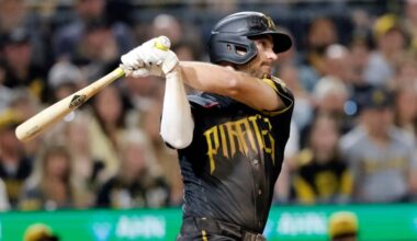 Pittsburgh Pirates' Brandon Lowe follows through on his swing driving in two runs with a double off of Tampa Bay Rays' pitcher Yoendrys Gómez eighth inning of a baseball game in Pittsburgh, Friday, April 17, 2026. (AP Photo/Tom E. Puskar)