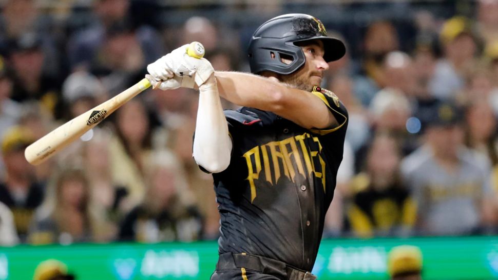 Pittsburgh Pirates' Brandon Lowe follows through on his swing driving in two runs with a double off of Tampa Bay Rays' pitcher Yoendrys Gómez eighth inning of a baseball game in Pittsburgh, Friday, April 17, 2026. (AP Photo/Tom E. Puskar)