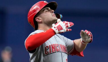 Cincinnati Reds' Sal Stewart celebrates as he runs the bases following hit two-run home run off Tampa Bay Rays pitcher Jesse Scholtens during the first inning of a baseball game Monday, April 20, 2026, in St. Petersburg, Fla. (AP Photo/Chris O'Meara)
