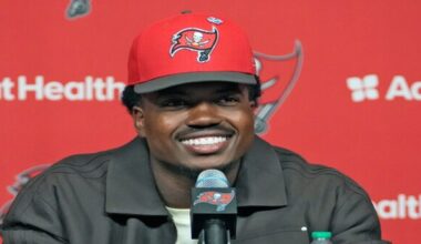 Rueben Bain Jr., selected 15th overall in the first round of the NFL football draft by the Tampa Bay Buccaneers, smiles during a news conference Friday, April 24, 2026, in Tampa, Fla. (AP Photo/Chris O'Meara)