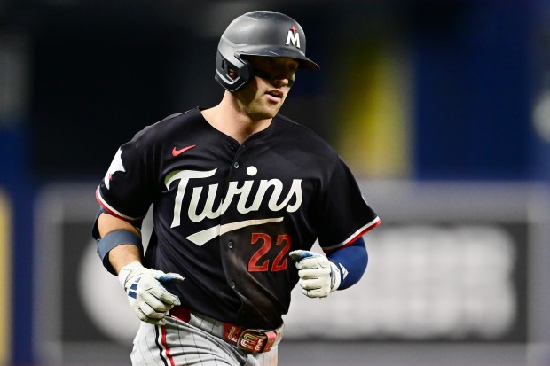 Brooks Lee #22 of the Minnesota Twins runs the bases after hitting a home run in the fifth inning against the Tampa Bay Rays at Tropicana Field on April 24, 2026 in St Petersburg, Florida. (Photo by Julio Aguilar/Getty Images)